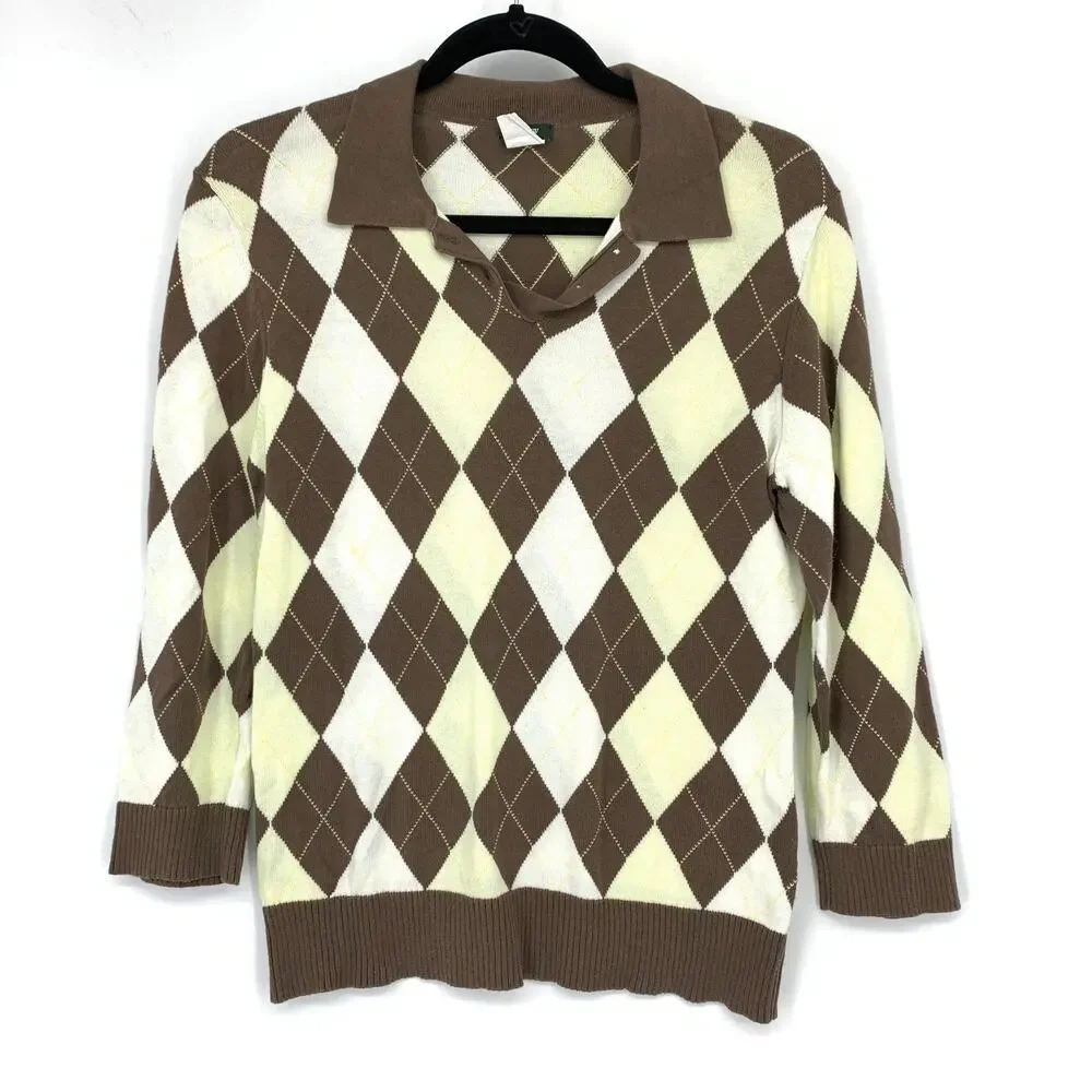 Vintage J.Crew Collared 3/4 Sleeve Sweater Womens Size M Brown Yellow Argyle